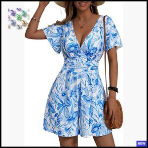 Back Lace Up Floral Romper Ruffle Sleeve Wide Leg Jumpsuit with Pockets